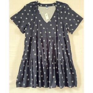 Old Navy VNeck Mini Swing Dress Blue Floral V Neck Short Sleeve Large Petite NwT
